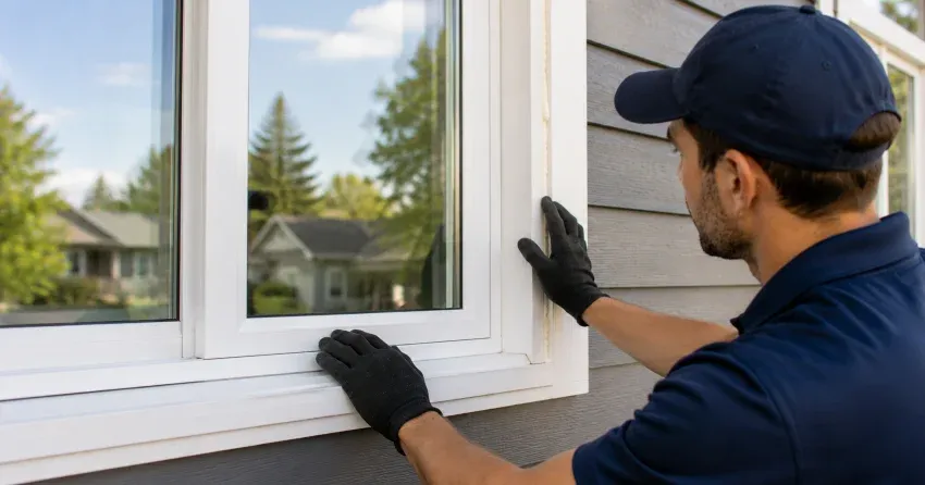 technician comparing full-frame and retrofit window replacement options in Grimsby