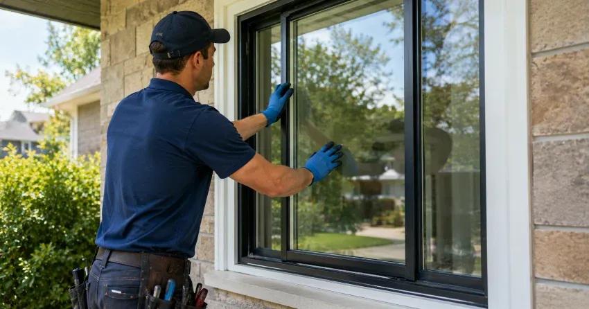 technician measuring a broken window pane for replacement in Dorchester Estates, Grimsby