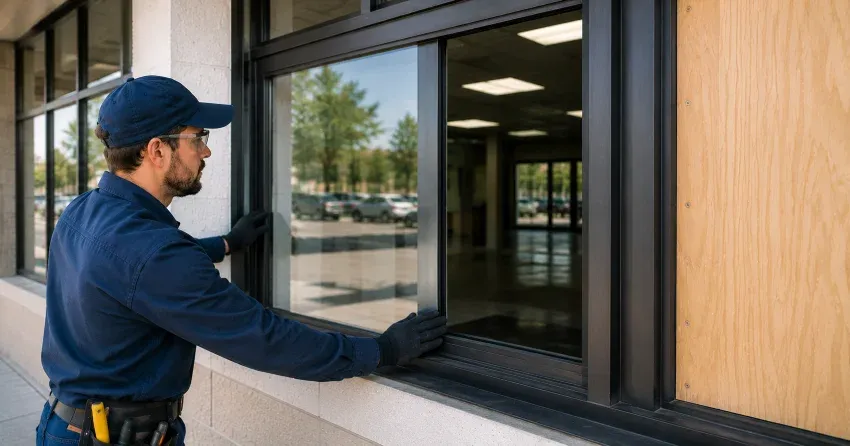 technician boarding a broken window after a break-in in Casablanca, Grimsby