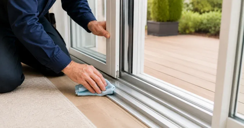 technician inspecting a sliding patio door track in Grimsby