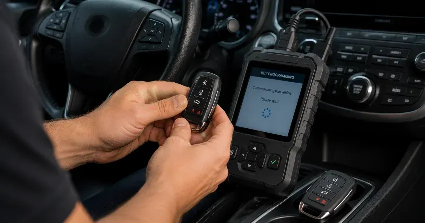 technician inspecting a worn car key before replacement in Lakeview, Grimsby