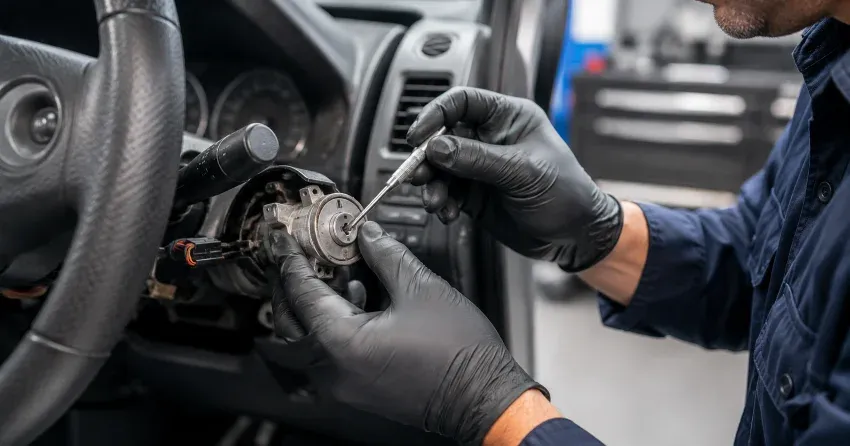 technician diagnosing an ignition lock repair issue in Lakeview, Grimsby
