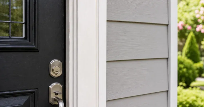 technician inspecting door jamb behind cracked casing in Grimsby home