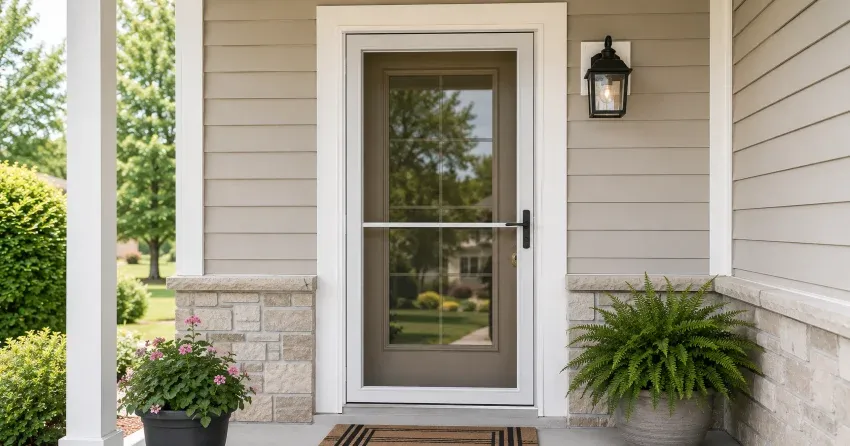 technician hanging storm door square and plumb in Grimsby