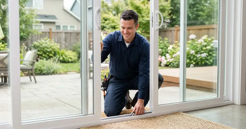 technician diagnosing a sticking patio door in Nelles Estates, Grimsby