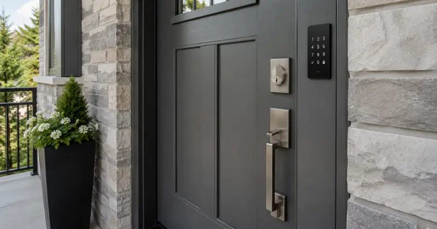 High-security door hardware and access control keypad installed on a residential entry door in Grimsby