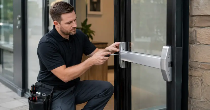 commercial locksmith repairing exit device on storefront door Cherrywood Acres, Grimsby