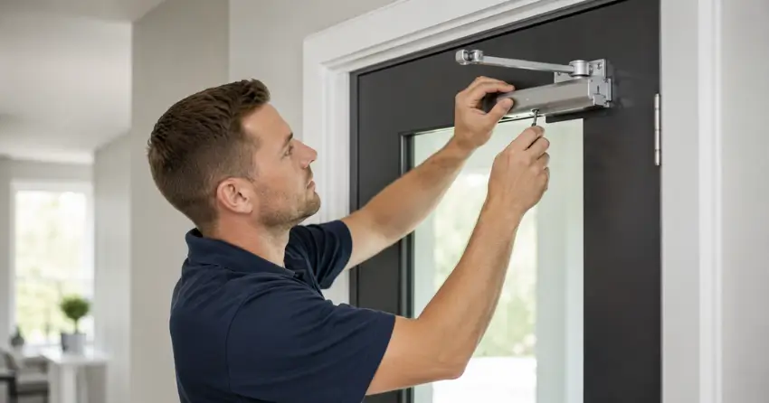 technician adjusting door closer hydraulic valve in Escarpment Area, Grimsby home
