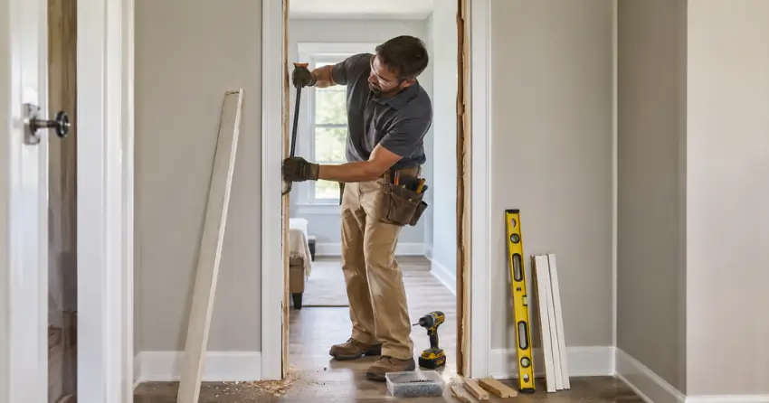 technician removing an old interior door frame during installation Dorchester Estates, Grimsby