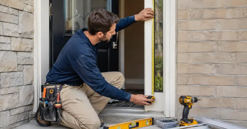 technician measuring door frame before storm door install in Lakeview, Grimsby