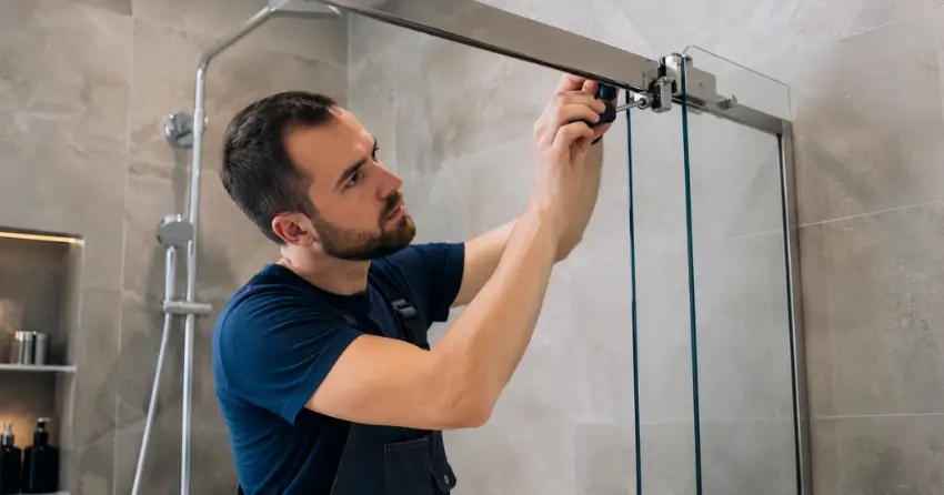 technician adjusting shower door hinge and track in Grimsby by the Lake, Grimsby