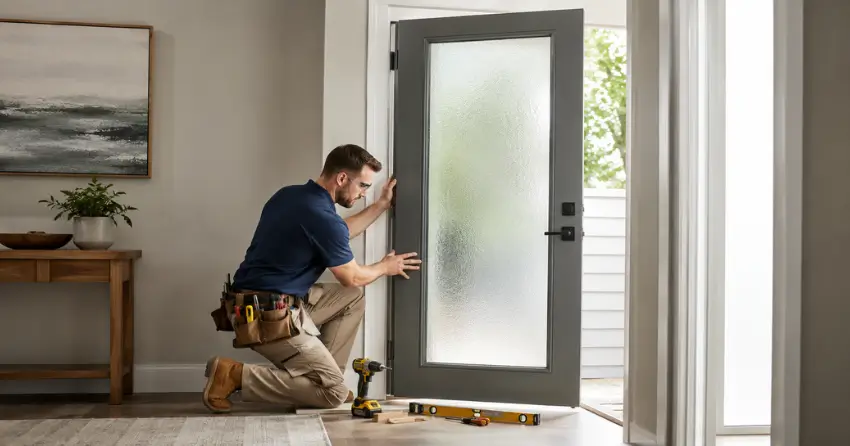 glass panel door installation with frosted privacy glass in residential setting in East Grimsby, Grimsby
