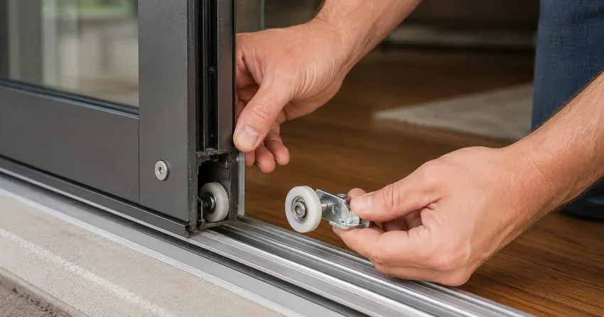 sliding door alignment Waterfront Grimsby, Grimsby technician adjusting roller track