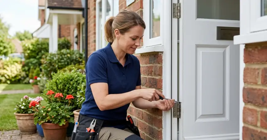 technician repairing exterior door hinge and frame in Waterfront Grimsby, Grimsby
