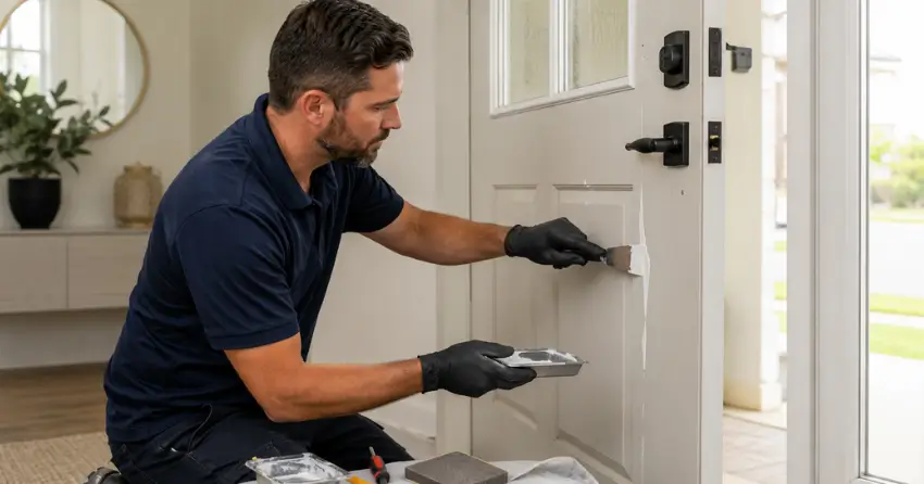 technician repairing fiberglass door surface crack in Grimsby