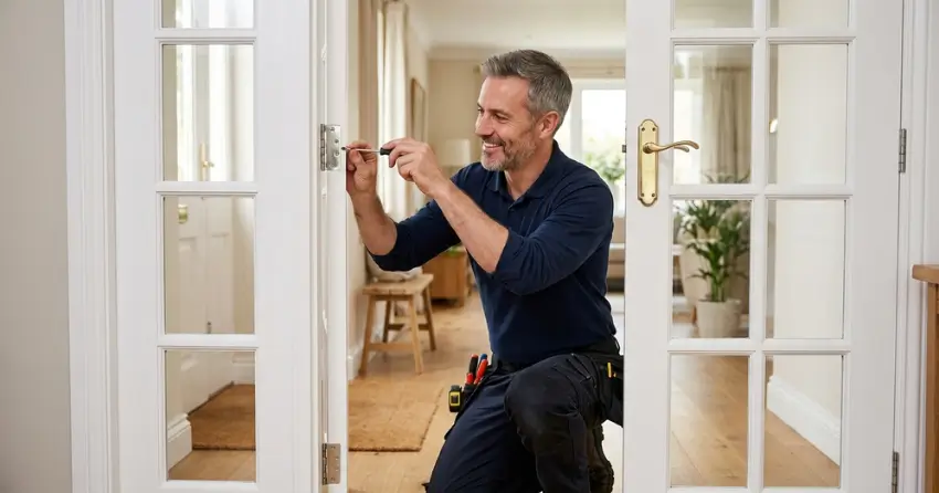 technician adjusting French door hinge for proper alignment in Main Street West, Grimsby