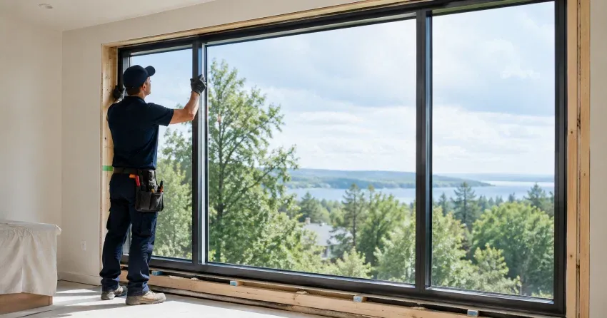 Architectural arched window installed in a residential gable end with custom glazing in Grimsby