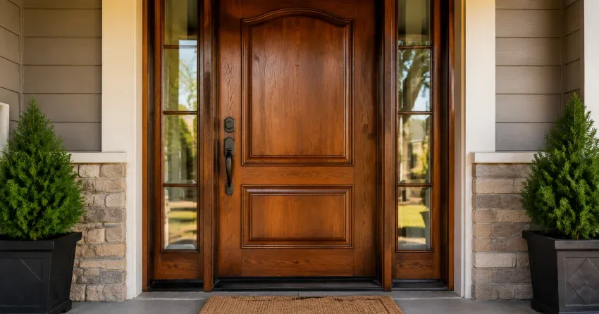 wood door mid-restoration showing stripped bare wood in Lakeview, Grimsby