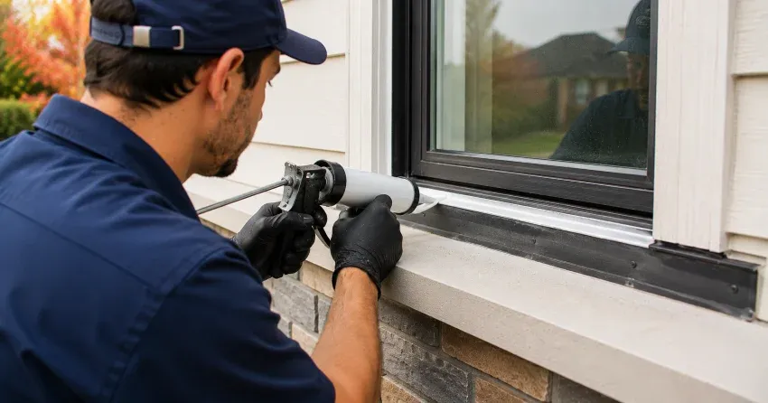 technician inspecting window flashing for leak source in Nelles Estates, Grimsby